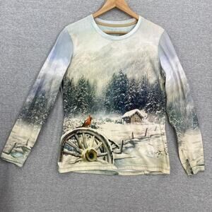 Bit & Bridle Top Womens Large Light Blue Winter Scene Long Sleeve Cotton TShirt